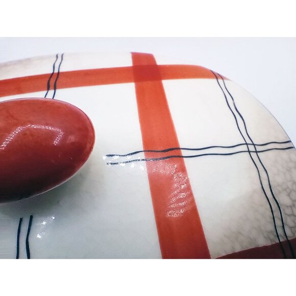 Red Plaid Storage Container Hand Painted Ceramic Crazed Vintage Takito Company - Picture 16 of 16